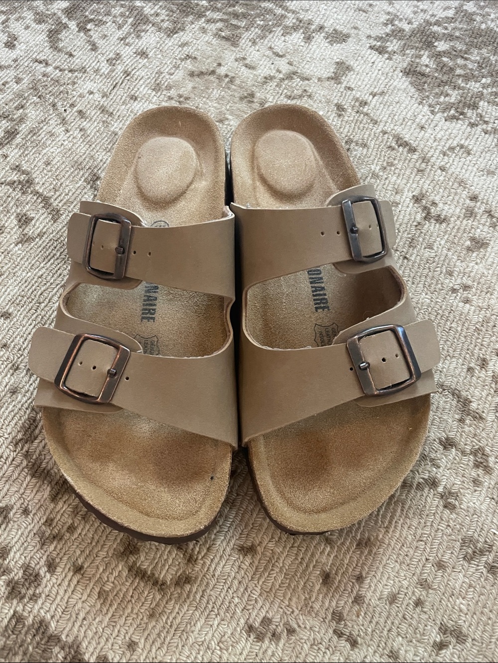 Cushionaire Lane Cork Footbed Two-Strap Slip-On Sandals in Taupe Size 9
